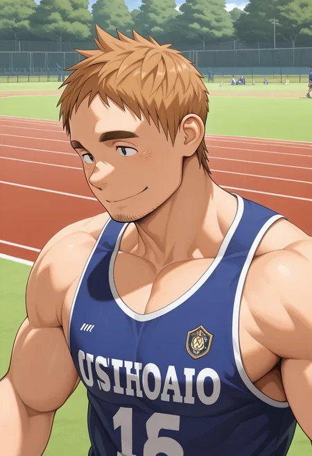 masterpiece,best quality,absurdres,newest,perfect quality,best quality,absolutely eye-catching,detailed background,intricate details,male focus,solo,Ishikawa EIKISHI, 1boy, Brown hair,black eyes, thick eyebrows, facial hair, muscular body,outdoors,soccer tank top, smile,