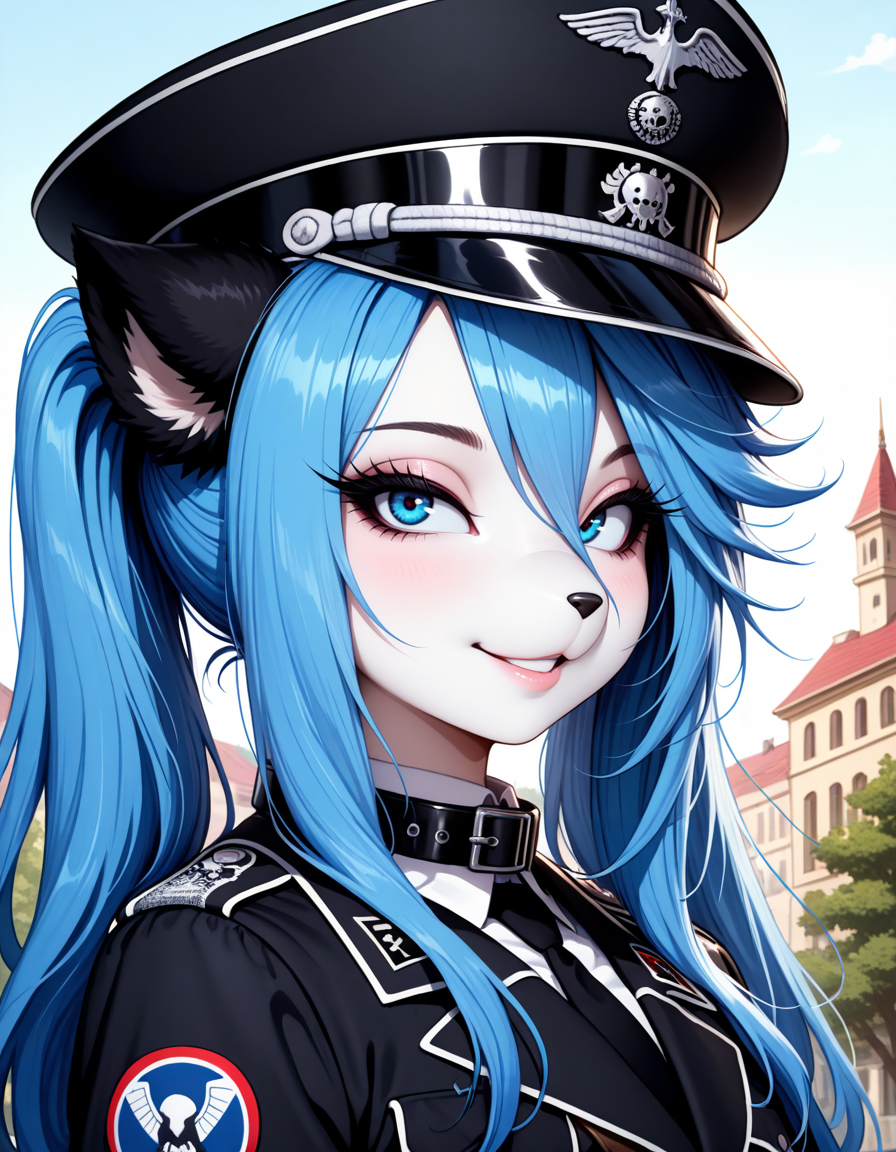 masterpiece, best quality, very aesthetic, absurdres,
outdoors, 
headshot, face focus, 
peaked cap,collar,military uniform,
seductive smile, parted lips, long eyelashes,
 <lora:Moisha_v01_NAIXL:1> Moisha,1boy,solo,furry,furry male,male focus,otoko no ko,animal ears,blue hair,long hair,ponytails,blue eyes,snout,animal nose,