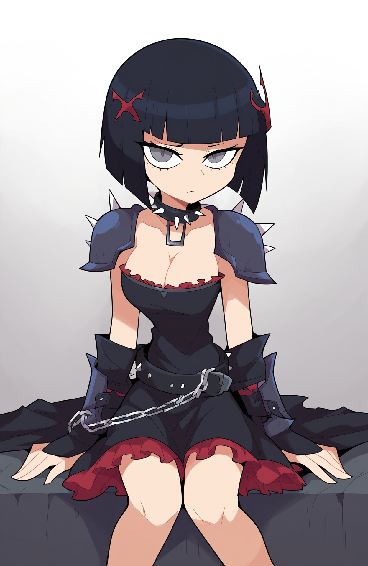 score_9, score_8_up, score_7_up, score_6_up, score_5_up, score_4_up, BREAK
1girl, necklace, jewelry, black hair, solo, shoulder armor, armor, spikes, short hair, chain necklace, pauldrons, bob cut, looking at viewer, dress, frills, breasts, belt, closed mouth, choker, cleavage, hair ornament, sitting, black belt, collar, white background, grey eyes, black choker, black collar, braid, gauntlets, blunt bangs, collarbone, black dress, buckle, shadow, frilled dress, simple background, chain, spiked collar, sanpaku, upturned eyes, cowboy shot, gradient background
 <lora:miscon_ponyxl:1>