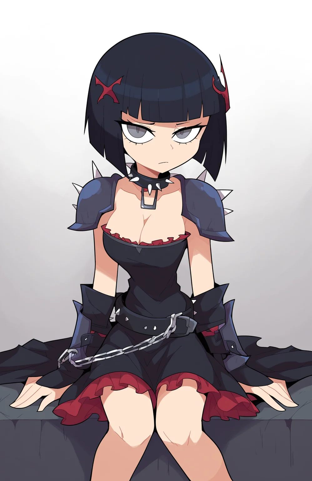 score_9, score_8_up, score_7_up, score_6_up, score_5_up, score_4_up, BREAK
1girl, necklace, jewelry, black hair, solo, shoulder armor, armor, spikes, short hair, chain necklace, pauldrons, bob cut, looking at viewer, dress, frills, breasts, belt, closed mouth, choker, cleavage, hair ornament, sitting, black belt, collar, white background, grey eyes, black choker, black collar, braid, gauntlets, blunt bangs, collarbone, black dress, buckle, shadow, frilled dress, simple background, chain, spiked collar, sanpaku, upturned eyes, cowboy shot, gradient background
<lora:miscon_ponyxl:1>