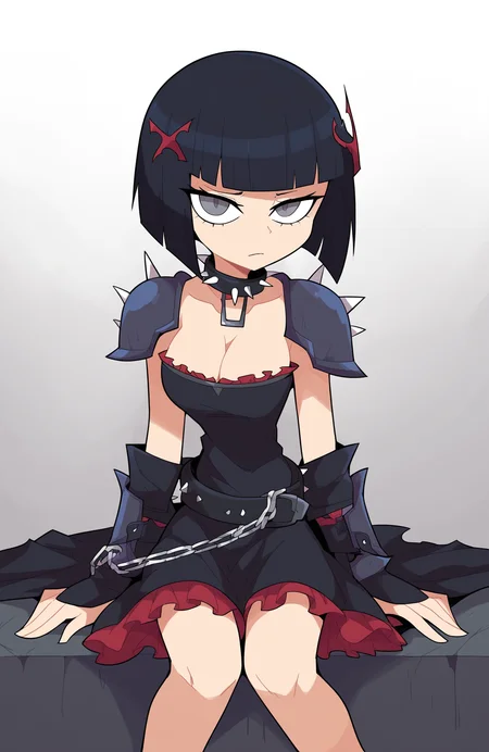 score_9, score_8_up, score_7_up, score_6_up, score_5_up, score_4_up, BREAK
1girl, necklace, jewelry, black hair, solo, shoulder armor, armor, spikes, short hair, chain necklace, pauldrons, bob cut, looking at viewer, dress, frills, breasts, belt, closed mouth, choker, cleavage, hair ornament, sitting, black belt, collar, white background, grey eyes, black choker, black collar, braid, gauntlets, blunt bangs, collarbone, black dress, buckle, shadow, frilled dress, simple background, chain, spiked collar, sanpaku, upturned eyes, cowboy shot, gradient background
<lora:miscon_ponyxl:1>