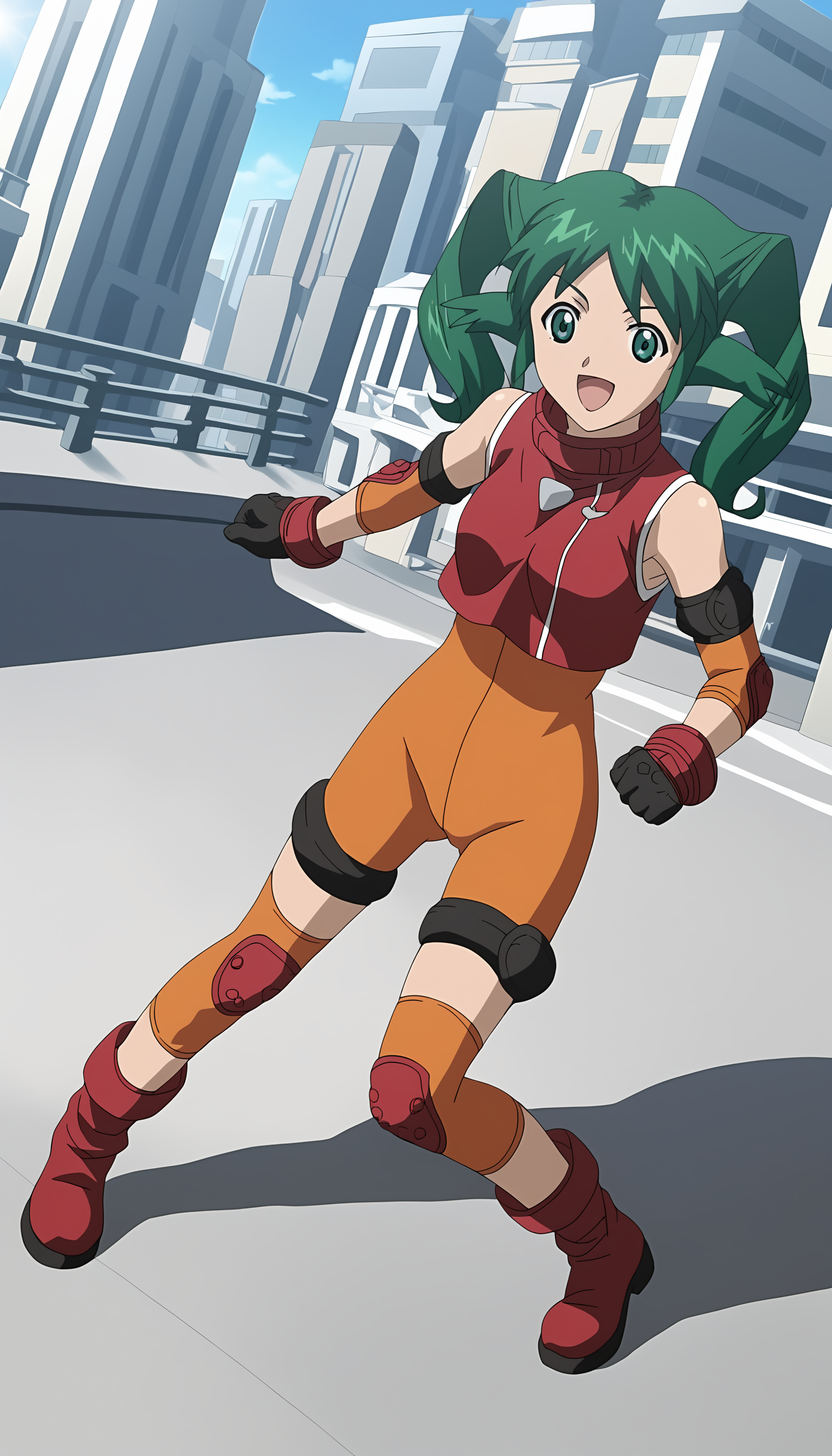 anime artwork score_9, source_anime BREAK, oldest, anime screencap, outdoors, city, town,  day, sunlight, standing, <lora:SoltyRevant(pony)-06:1> SoltyRevant, open mouth, smile, looking at viewer,  fighting stance, 
 short hair,  twintails,  green hair,  bodysuit,  orange bodysuit,  elbow pads,  knee pads,  gloves, boots, black and red boots,  shirt, red shirt, sleeveless shirt, sleeveless, collared shirt, right side zipper, triangle print,  white triangle print, (shorts), red knee_patches, . anime style, key visual, vibrant, studio anime,  highly detailed