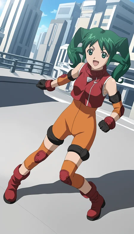 anime artwork score_9, source_anime BREAK, oldest, anime screencap, outdoors, city, town,  day, sunlight, standing, <lora:SoltyRevant(pony)-06:1> SoltyRevant, open mouth, smile, looking at viewer,  fighting stance, 
 short hair,  twintails,  green hair,  bodysuit,  orange bodysuit,  elbow pads,  knee pads,  gloves, boots, black and red boots,  shirt, red shirt, sleeveless shirt, sleeveless, collared shirt, right side zipper, triangle print,  white triangle print, (shorts), red knee_patches, . anime style, key visual, vibrant, studio anime,  highly detailed