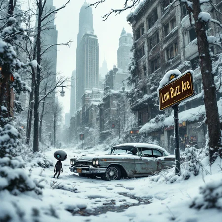 A cute curious small alien creature peers out from behind an abandoned car, winter forest, as he investigating the ruins of an abandoned city half-buried in the snow. And old street sign reads: 'Low Buzz Ave'. abandoned skyscrapers and storefronts covered in overgrowth and snow
