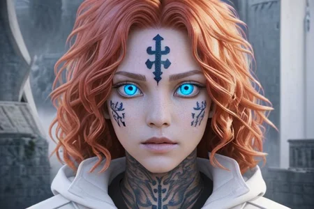 bright red hair, human female, (feminine:1.7), (beautiful face, detailed face:1.6), (beautiful eyes, detailed eyes:1.7), (looking at viewer, eye contact, intense:1.6), (long hair, red hair, curly hair:1.3), , ((masterpiece, best quality, high resolution, realistic, best quality,)), photo realistic, Perfect Face, (detailed face). <lora:GoodHands-vanilla:0.6> <lora:add-detail-xl:0.8>, mage, (Dress White military uniform coat), dagger, rune dagger, glowing runes, , (((glowing magic symbols tattoos, religious tattoos))), ((face tattoos)), glowing tattoos, stone tower in the background