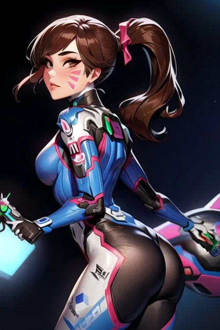 <lora:D.vaV3:1>, Deeva \(overwatch 1 version\), 1girl, d.va \(overwatch 1/),  ponytail, ass, brown hair, weapon, gun, robot, whisker markings, mecha, bodysuit, solo, meka (overwatch), handgun, breasts