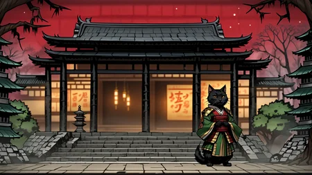 ddstyle, anime, a japanese style shogan warrior cat, japanese temples in the background, bokeh<lora:DarkestDungeonSDXL:1.0>
