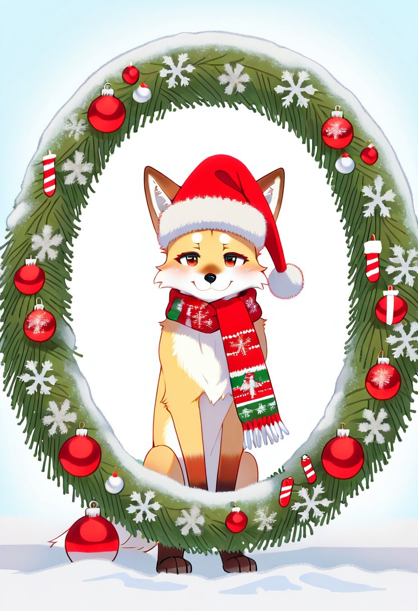 Animal Christmas, masterpiece, best quality, Kitsunes, female anthropomorphic fox, athletic, lean perfect body, Soft White Fur, Christmas Magic, green and red hats, festive scarves, tiny presents, snow-covered branches, Japanese Christmas decorations, foreboding magical setting, mysterious mood, wrapping gifts inquisitive expression, holiday spirit, cozy ambiance