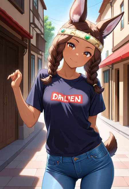 masterpiece, best quality, amazing quality, 1girl, solo, cowboy shot, ordiyww, dark skin, dark-skinned female, brown eyes, brown hair, long hair, twin braids, headband, animal ears, tail, small breasts, t-shirt, denim, jeans, looking at viewer, smile, outdoors, day, skindentation, detailed clothing folds, depth of field, sharp, high contrast, dynamic light <lora:Ordiy_Ordiy_no_Mori_v20:0.9>