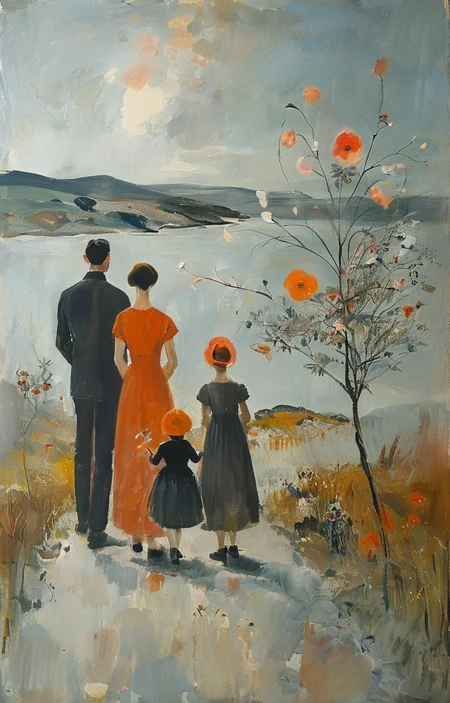 masterpiece,best quality,<lora:tbh241-sdxl:0.9>,illustration,style of Winifred Nicholson portrait of family
