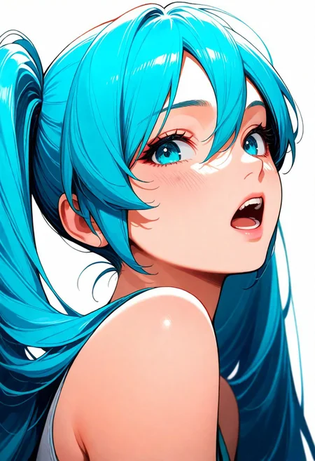1girl, hatsune_miku, teeth, lips, thin lips, solo, looking at viewer, open mouth, upper body, masterpiece, best quality, very aesthetic