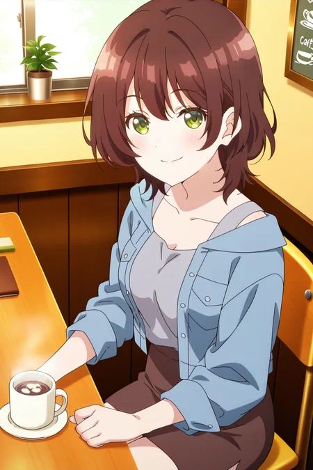 anime screenshot, hinami aoi, 1girl, solo, brown hair, short hair, green eyes, medium breasts, blue jacket, denim jacket, long sleeves, grey tank top, brown skirt, pencil skirt, coffee mug, looking at viewer, smile, sitting, cowboy shot, indoors, cafe, chair, table, masterpiece, best quality, high quality, highres, absurdres, <lora:hinami_aoi_ILXL:0.9>