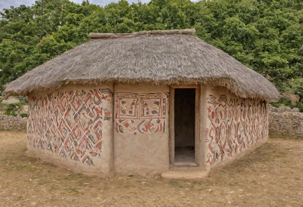 photograph, outdoor, exterior, painted house with painted walls in neolithic style, neolithic pattern high quality photography, 4k, Canon EOS R3, hdr, smooth, sharp focus, high resolution, award winning photo,