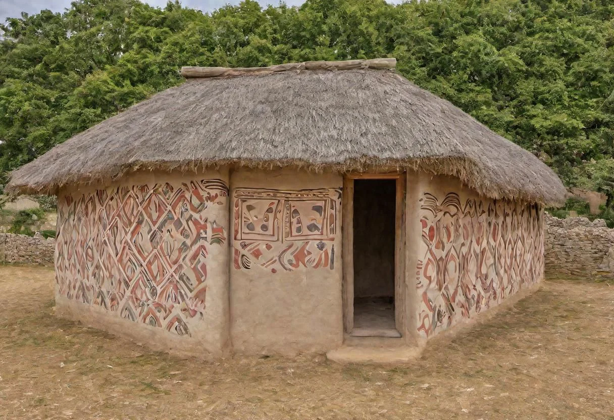 photograph, outdoor, exterior, painted house with painted walls in neolithic style, neolithic pattern high quality photography, 4k, Canon EOS R3, hdr, smooth, sharp focus, high resolution, award winning photo,