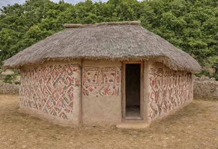 photograph, outdoor, exterior, painted house with painted walls in neolithic style, neolithic pattern high quality photography, 4k, Canon EOS R3, hdr, smooth, sharp focus, high resolution, award winning photo,