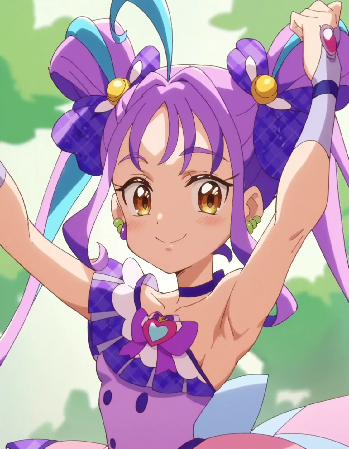 score_9, score_8_up, score_7_up, anime screencap,solo,1girl,curekyunkyun, purple choker, jewelry, dress, looking at viewer, magical girl, earrings, choker,dress, bow, wrist cuffs, hair ornament,small breasts,smile,blush,
armpit<lora:curekyunkuyn_pony:0.8>