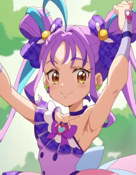 score_9, score_8_up, score_7_up, anime screencap,solo,1girl,curekyunkyun, purple choker, jewelry, dress, looking at viewer, magical girl, earrings, choker,dress, bow, wrist cuffs, hair ornament,small breasts,smile,blush,
armpit<lora:curekyunkuyn_pony:0.8>