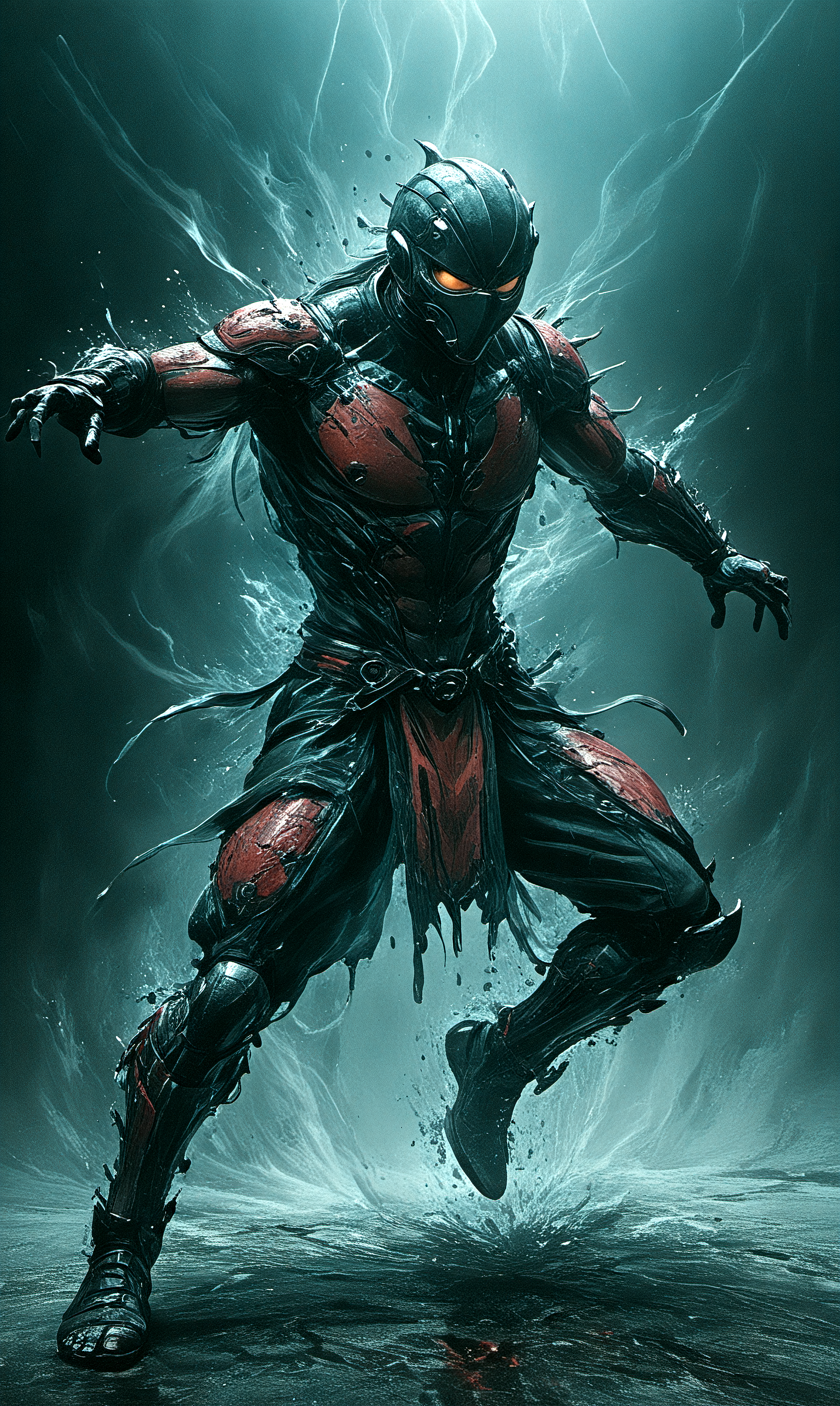 long exposure photo of long exposure photo of a fully mechanized ninja,mortal kombat style, (bloody-sword),action pose,jump-kick-mid-air, street-fighter style, intricately detailed, absurdres, exudes strength, fierce, combative, flowing garments, red-black-yellow garments, motion blur, masterpiece . Blurred motion, streaks of light, surreal, dreamy, ghosting effect, highly detailed . Blurred motion, streaks of light, surreal, dreamy, ghosting effect, highly detailed