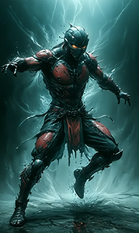 long exposure photo of long exposure photo of a fully mechanized ninja,mortal kombat style, (bloody-sword),action pose,jump-kick-mid-air, street-fighter style, intricately detailed, absurdres, exudes strength, fierce, combative, flowing garments, red-black-yellow garments, motion blur, masterpiece . Blurred motion, streaks of light, surreal, dreamy, ghosting effect, highly detailed . Blurred motion, streaks of light, surreal, dreamy, ghosting effect, highly detailed