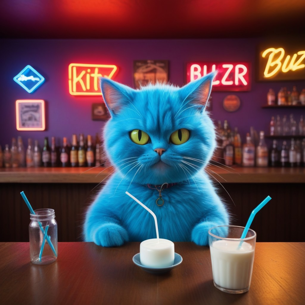 Prompt: Generate an image of a whimsical, cartoonish cat with electricified hair sticking up in all directions and exaggerated cross eyes, enjoying a sip of milk through a straw at a bar-style table. The milk cup has "buzz" written on it. The scene should be brightly lit with neon lights casting vibrant hues across the setting, creating a lively and slightly surreal atmosphere. Use a high-angle camera view, looking down at the table from above to emphasize the cat's unique perspective. The color scheme should be vivid and playful, with bold contrasts between the electric blue hair and the warm, wooden tones of the table and surrounding area. The background should feature a simple, yet intriguing bar counter with an array of colorful bottles and a retro neon sign that reads "Kitty Corner". Ensure the resolution is 1080p for crisp details and maintain an aspect ratio of 16:9 for optimal display. Keywords for image generation include: crazy cat, electric hair, cross eyes, drinking milk with a straw, bar table, neon lights, high-angle view, vivid color scheme, retro background.