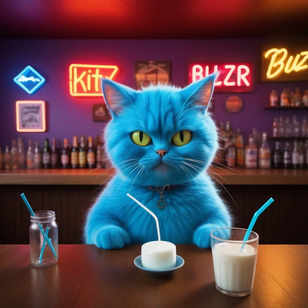 Prompt: Generate an image of a whimsical, cartoonish cat with electricified hair sticking up in all directions and exaggerated cross eyes, enjoying a sip of milk through a straw at a bar-style table. The milk cup has "buzz" written on it. The scene should be brightly lit with neon lights casting vibrant hues across the setting, creating a lively and slightly surreal atmosphere. Use a high-angle camera view, looking down at the table from above to emphasize the cat's unique perspective. The color scheme should be vivid and playful, with bold contrasts between the electric blue hair and the warm, wooden tones of the table and surrounding area. The background should feature a simple, yet intriguing bar counter with an array of colorful bottles and a retro neon sign that reads "Kitty Corner". Ensure the resolution is 1080p for crisp details and maintain an aspect ratio of 16:9 for optimal display. Keywords for image generation include: crazy cat, electric hair, cross eyes, drinking milk with a straw, bar table, neon lights, high-angle view, vivid color scheme, retro background.