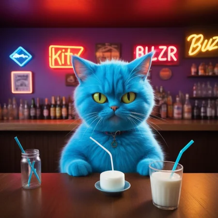 Prompt: Generate an image of a whimsical, cartoonish cat with electricified hair sticking up in all directions and exaggerated cross eyes, enjoying a sip of milk through a straw at a bar-style table. The milk cup has "buzz" written on it. The scene should be brightly lit with neon lights casting vibrant hues across the setting, creating a lively and slightly surreal atmosphere. Use a high-angle camera view, looking down at the table from above to emphasize the cat's unique perspective. The color scheme should be vivid and playful, with bold contrasts between the electric blue hair and the warm, wooden tones of the table and surrounding area. The background should feature a simple, yet intriguing bar counter with an array of colorful bottles and a retro neon sign that reads "Kitty Corner". Ensure the resolution is 1080p for crisp details and maintain an aspect ratio of 16:9 for optimal display. Keywords for image generation include: crazy cat, electric hair, cross eyes, drinking milk with a straw, bar table, neon lights, high-angle view, vivid color scheme, retro background.