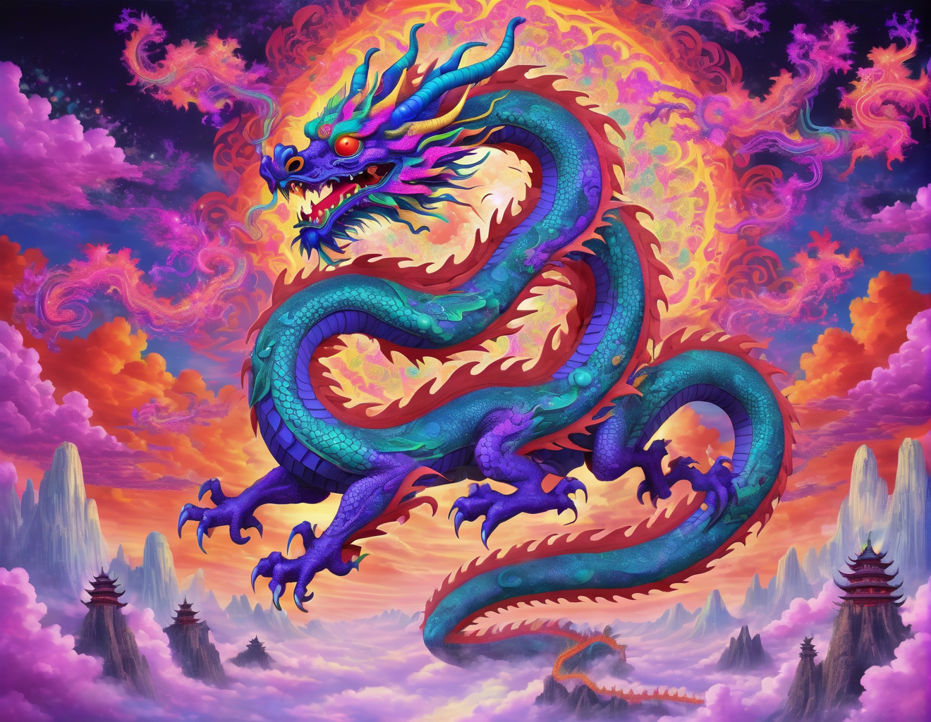 <lora:ge0g1yph1ks:0.25>ge0g1yph1ks flying chinese dragon in a psychedelic fractal sky psytrance