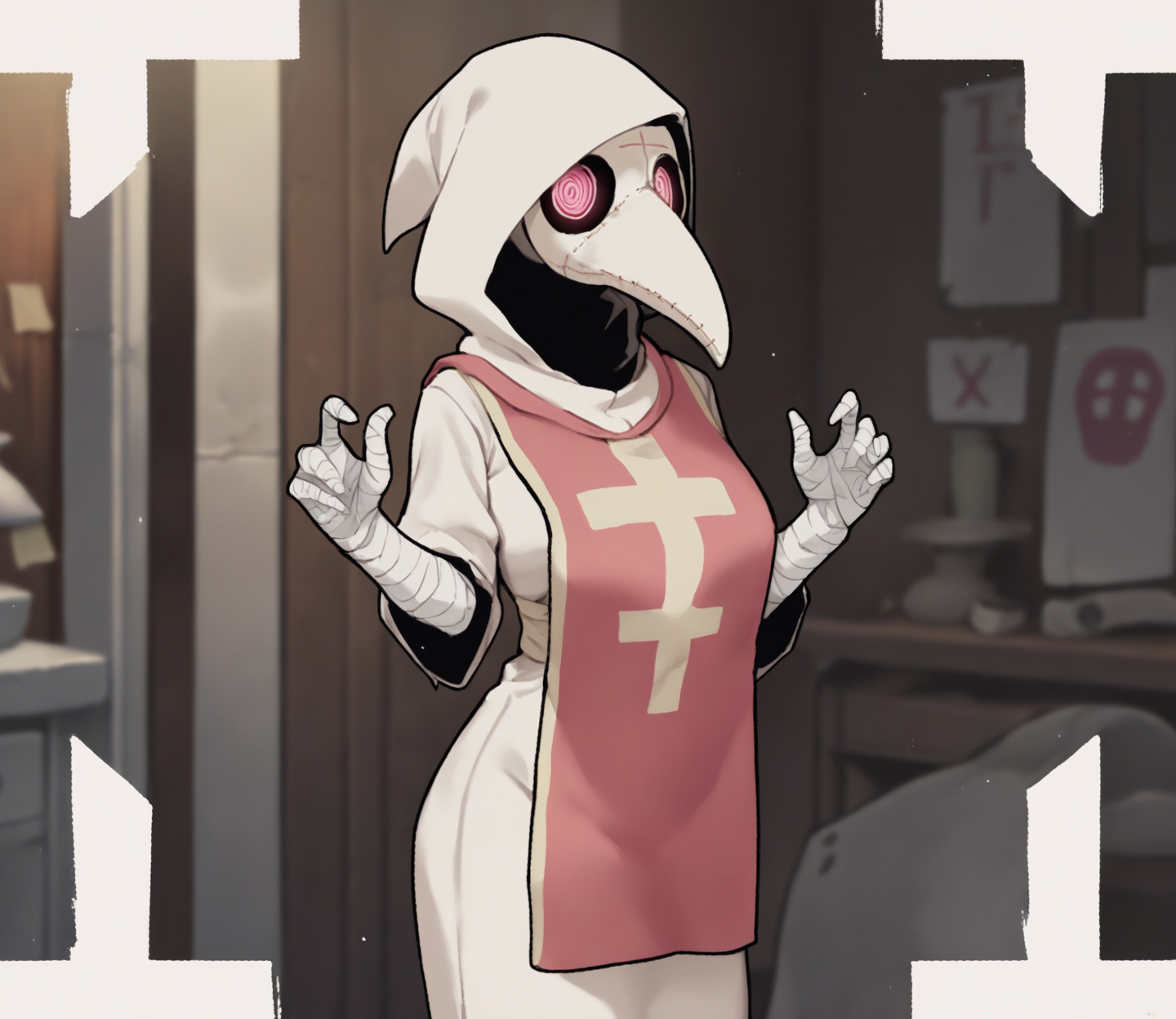 score_9, score_8_up, score_7_up, score_6_up, score_5_up, score_4_up, source_anime, source_furry, digital media \(artwork\), by ywu, 1girl, (mask, plague doctor:1.25), clothed, clothing, fully clothed, (tabard:1.2), female, hood, solo, standing, topwear, detailed background, examination room, tabard, wraps, bandage, looking at viewer, :q, white clothing, pink eyes
<lora:plaguedoctor_pdxl_:1>