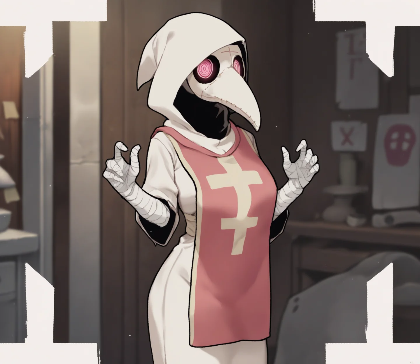 score_9, score_8_up, score_7_up, score_6_up, score_5_up, score_4_up, source_anime, source_furry, digital media \(artwork\), by ywu, 1girl, (mask, plague doctor:1.25), clothed, clothing, fully clothed, (tabard:1.2), female, hood, solo, standing, topwear, detailed background, examination room, tabard, wraps, bandage, looking at viewer, :q, white clothing, pink eyes
<lora:plaguedoctor_pdxl_:1>