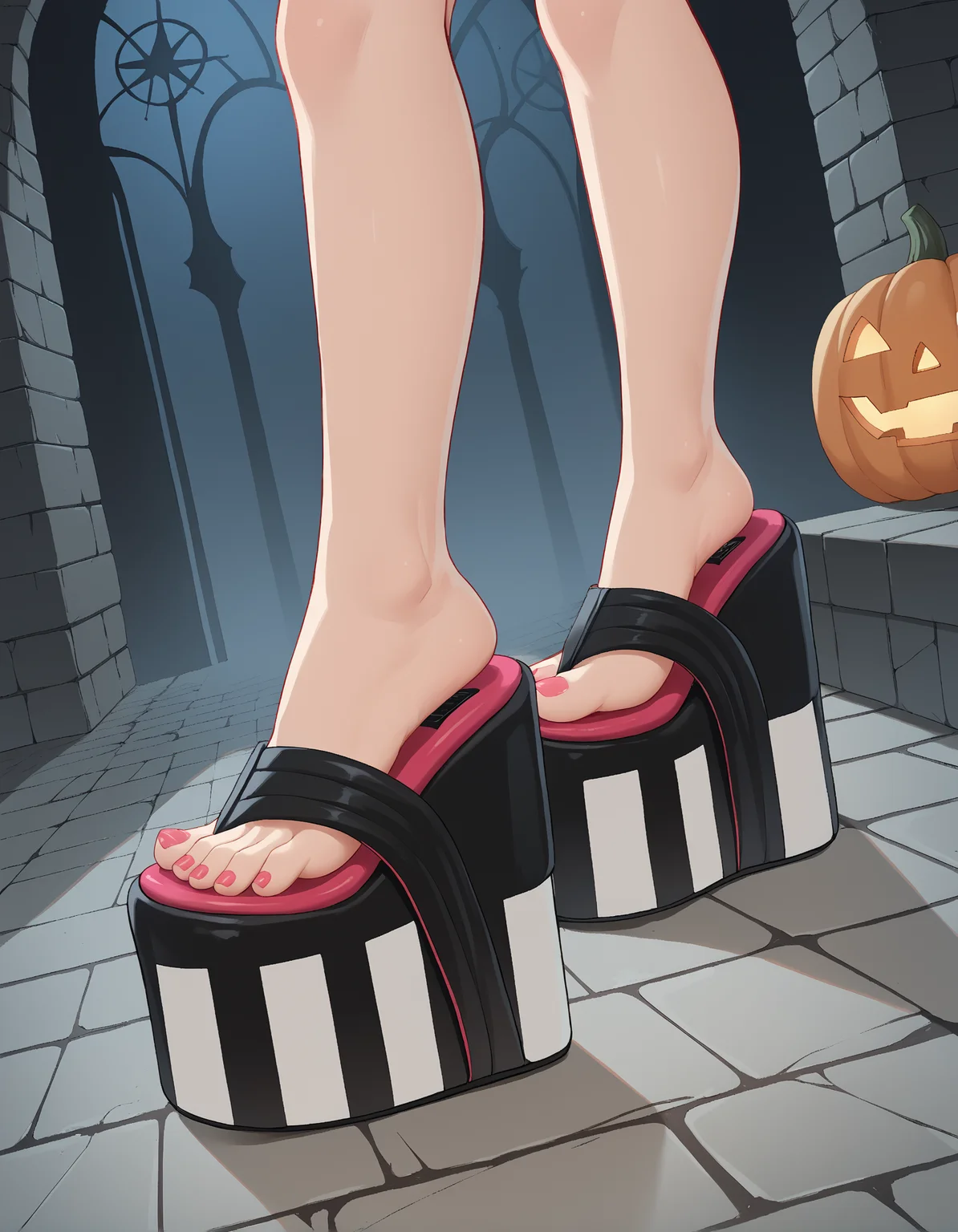 score_9, score_8_up, score_7_up, score_6_up, source_anime,
halloween scene, (from above:0.6), (from side:0.5),
foot focus,
1girl,
standing, feet apart,
dungeon, night dark, fog,
lag00na platform flip flops, (platform footwear:1.3), pink toenail polish,
embedding:zPDXLrl ,
embedding:zPDXL2 ,