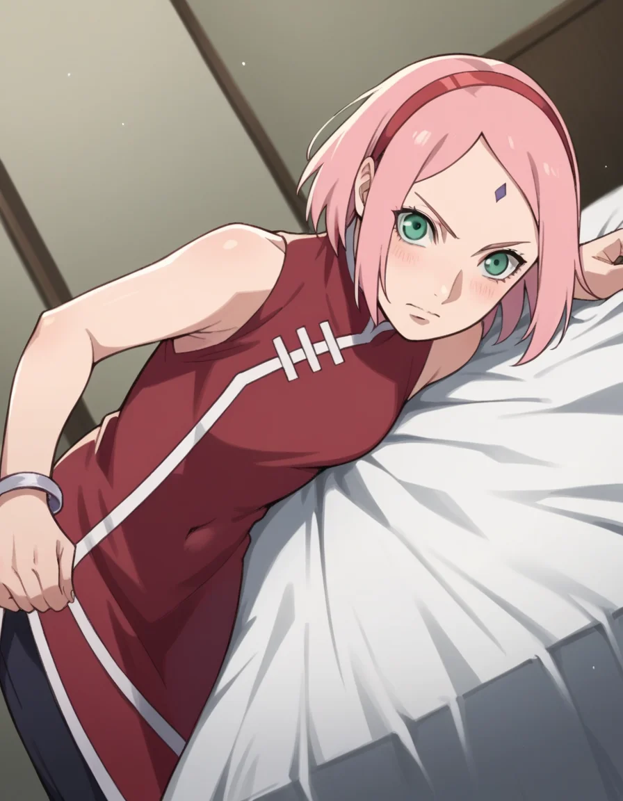 score_9, score_8_up, score_7_up, source_anime,
sakuraharuno, <lora:sakura-haruno-boruto-anime-ponyxl-lora-nochekaiser:1>,
sakura haruno, short hair, green eyes, pink hair, hairband, facial mark, forehead mark, red hairband,
navel, bare shoulders, jewelry, sleeveless, pants, bracelet, dress, red dress,
indoors, bed, bed room, on side, blush, drunk,
solo, dutch angle, looking at viewer, cowboy shot,