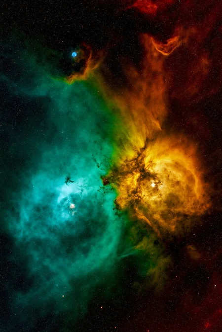 <lora:Vibrant_Nebula_2:0.8> VibrantNebula style.
Vivid interstellar turbulence dominates the frame with an epic clash of emerald-cyan and fiery ochre nebulae, the left side blossoming with sharp electric contours and the right churning in deep, shadowed reds with golden highlights where protostars ignite. The image captures the celestial drama of stellar nurseries in radiant, painterly textures, enhanced by deep-space photographic techniques and narrowband spectrum layering. The composition blends luminous haze, textured gas pillars, and reflective dust fronts, all glowing with inner heat. From a medium-close galactic angle, the scene is rich in visual turbulence, cinematic depth, and color-theory contrastâsymbolizing cosmic creation and entropic artistry on a scale beyond comprehension.