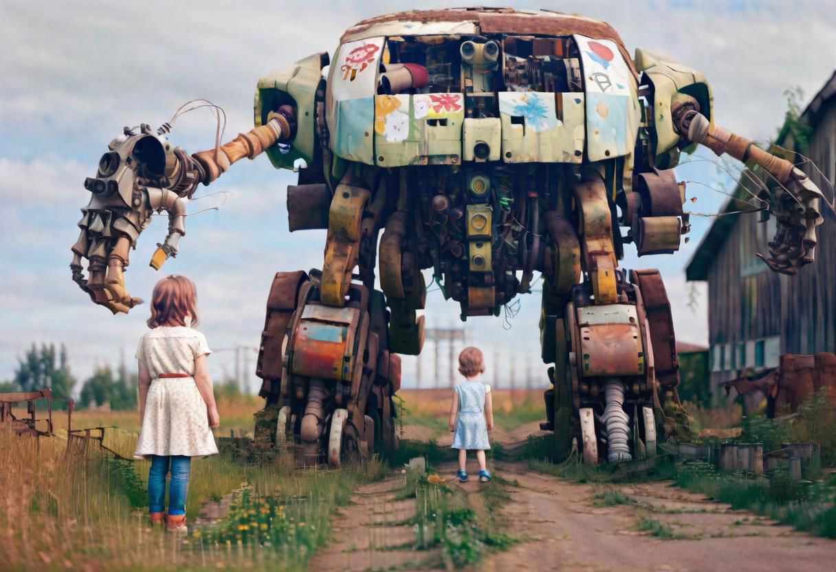 (((ultra high quality photo:1.8))) "vast overgrown field, extremely huge decrepit android, , aged and neglected appearance, advanced technology remnants, natural overgrowth, contrast between nature and forgotten futuristic elements"  a rusted car next to the robot, barn in the distance,  (((new robot)) walking with a child (holding hands) Simon Stlenhag Style, photo in phst artstyle, film photography style, light grain,