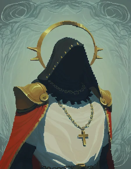 pixel-art score_9_up,score_8_up,score_7_up,score_6_up,dark,chiaroscuro,low-key,1boy,solo,spiked,hood,hood up,jewelry,robe,shoulder armor,chain,male focus,upper body,necklace,cross,<lora:cultistexl-000005:1>,<lora:zavy-cntrst-sdxl:0.8>,<lora:xl_more_art-full_v1:0.8>, . low-res, blocky, pixel art style, 8-bit graphics