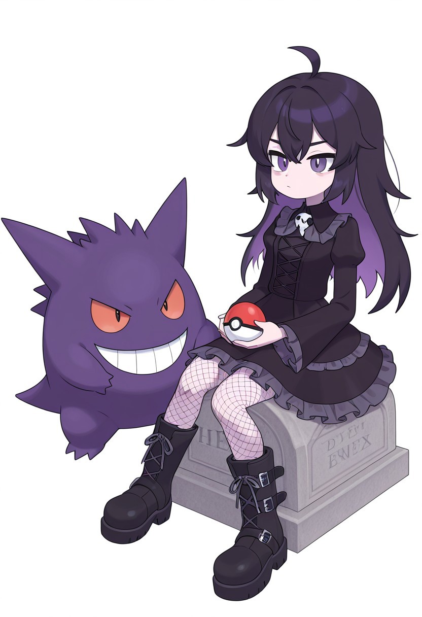 FGF, 1girl, cute, Hex Manic, goth dress, frilled dress, fishnet stockings, boots, oversized boots, black boots, Gengar next to, pokeball, holding pokeball, simple background, white background, sitting on grave stone
