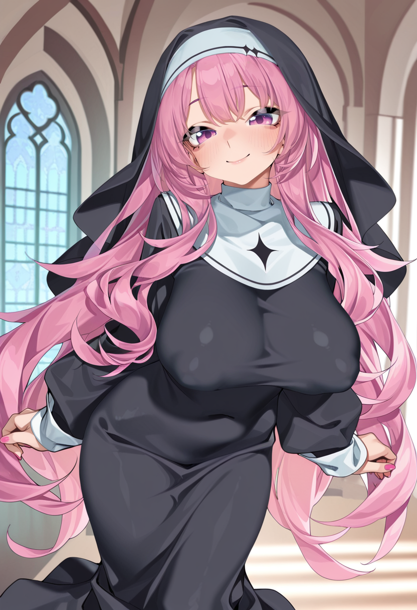 best quality,(masterpiece: 1.4), solo,  vivid colors, bright colors, absurdres, radient background, refraction, indoors, 1girl, solo, smile, black dress, long dress, nun, very long hair, large breasts,  covered nipples,  <lora:Zhao_190-000002:0.8>  zhao190,