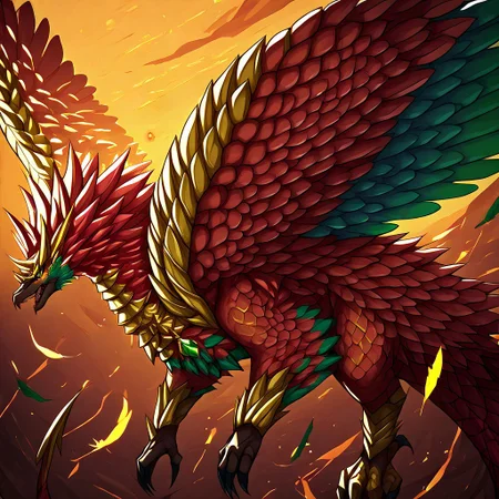 Yharon, golden horns, tail, dragon, bird, claws, no human, 4 eyes, feathered wings, talons, sharp teeth, intricate wing details, red and gold scales, glowing emerald eyes, large fiery wings with orange and green feathers