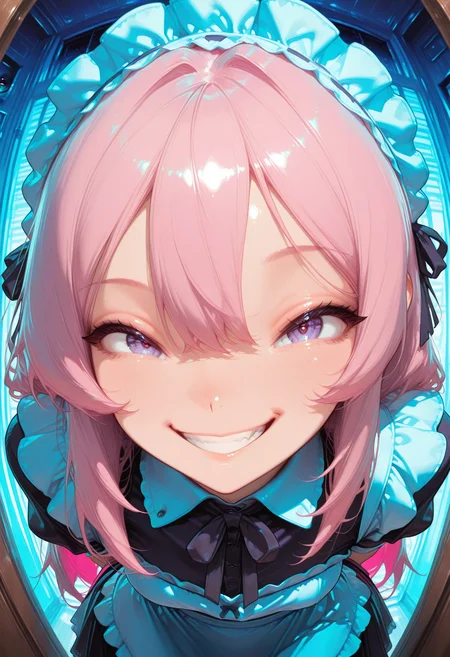 smooth positive, masterpiece, best quality, good quality, newest, highres, absurdres, 8K, bright colors, multicolored background, neon palette, fisheye, pov peephole, peephole, peeking, 1girl, CivChan, grin, purple eyes, pink hair, arms behind back, looking at viewer, maid headdress, maid,
masterpiece, best quality, good quality, newest, highres, absurdres, 8K, bright colors, <lora:add-detail-xl:2> <lora:unfazed mixed gothic - IL:0.6> <lora:CivChan:1>