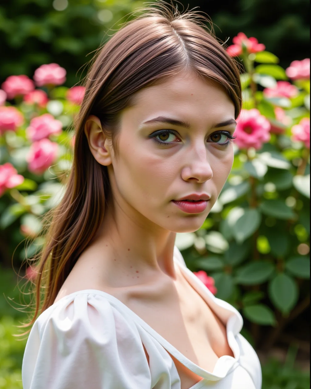Analogue photography of celluloid's unique character, film grain, focus on eyes, close up side portrait of a beautiful girl in a (Victorian rose garden), she is wearing a Victorian summer dress, lace detailing, vintage elegance, romantic charm, high neckline, puffed sleeves, ruffled accents, femininity, embroidered details, pastel colors, tea-length, classic, timeless, empire waist, flare skirt, corset-inspired, silhouette, nostalgic, enchanting dappled light on face, no make-up, detailed face and eyes, very thin eyebrows, pale skin, natural skin texture, highly detailed skin, textured skin, oiled shiny skin, imperfect skin, intricate skin details, visible skin detail, detailed skin texture, mascara, skin pores, light freckles, blush, goosebumps, translucent skin, subsurface scattering, minor skin imperfections, wrinkles, beauty spot, detailed eyes, round iris, light reflections in her eye, tiny blood vessels in the eye, narrow hips, slim petite body, natural breasts, real skin, intricately detailed eyes, high contrast, subsurface scattering. very detailed, subsurface scattering, high contrast, intricately detailed eyes, real skin textures, real skin texture, (slight skin blemishes, imperfect skin, skin pores, blush, goosebumps, translucent skin, subsurface scattering, slight fine wrinkles:0.2), vibrant colors (Do not include any text or watermark:1.3)<lora:MarinaA:0.65>