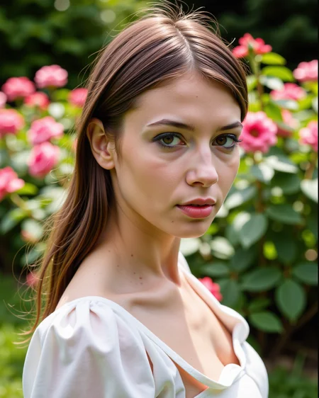 Analogue photography of celluloid's unique character, film grain, focus on eyes, close up side portrait of a beautiful girl in a (Victorian rose garden), she is wearing a Victorian summer dress, lace detailing, vintage elegance, romantic charm, high neckline, puffed sleeves, ruffled accents, femininity, embroidered details, pastel colors, tea-length, classic, timeless, empire waist, flare skirt, corset-inspired, silhouette, nostalgic, enchanting dappled light on face, no make-up, detailed face and eyes, very thin eyebrows, pale skin, natural skin texture, highly detailed skin, textured skin, oiled shiny skin, imperfect skin, intricate skin details, visible skin detail, detailed skin texture, mascara, skin pores, light freckles, blush, goosebumps, translucent skin, subsurface scattering, minor skin imperfections, wrinkles, beauty spot, detailed eyes, round iris, light reflections in her eye, tiny blood vessels in the eye, narrow hips, slim petite body, natural breasts, real skin, intricately detailed eyes, high contrast, subsurface scattering. very detailed, subsurface scattering, high contrast, intricately detailed eyes, real skin textures, real skin texture, (slight skin blemishes, imperfect skin, skin pores, blush, goosebumps, translucent skin, subsurface scattering, slight fine wrinkles:0.2), vibrant colors (Do not include any text or watermark:1.3)<lora:MarinaA:0.65>