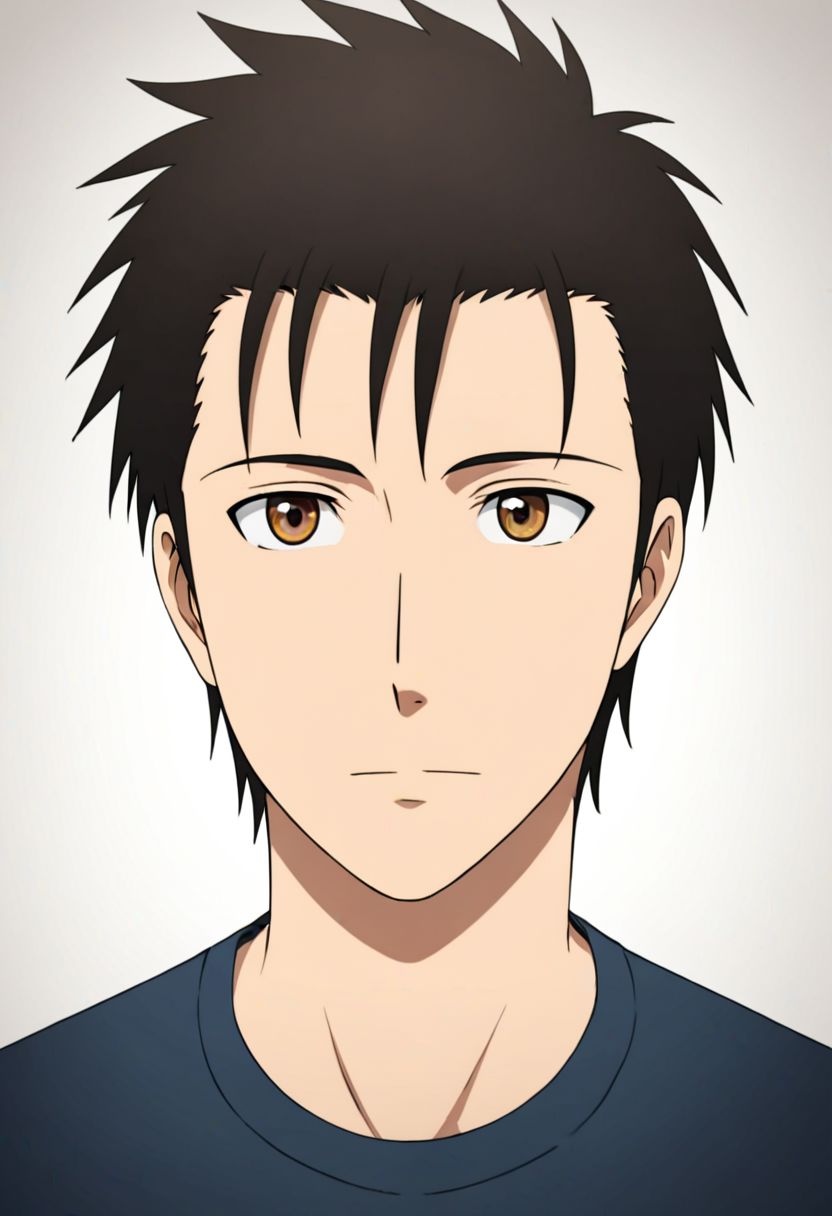 solo, 1boy, detailed_eye_model, easynegative, Soujirou Agata, Brown Eyes, Black Hair, T-Shirt, passport_photo_style, looking at viewer, focused gaze forward, plain background, straight body, head upright