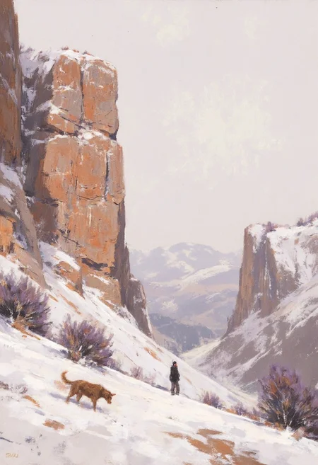 A snow-covered mountain dominates the view, its rocky face showing warm orange and brown hues contrasting with white snow. Patches of dark purple shrubs accent the base. The foreground is a snowy slope; a figure in dark clothing and a brown dog are on the right side, with visible paw prints on the snow. Distant mountains are soft and blurred. The overall palette is pale and desaturated, with white, warm earth tones, and purple contrast. A painterly style with simplified shapes and visible brushstrokes. Diffused, soft light creates gentle shadows. The composition is balanced, mountain on the left, figures on the right. A quiet, winter scene, evoking solitude and natural grandeur. Medium shot, slightly elevated view. The texture is soft and dreamlike. The feeling is peaceful and calm.