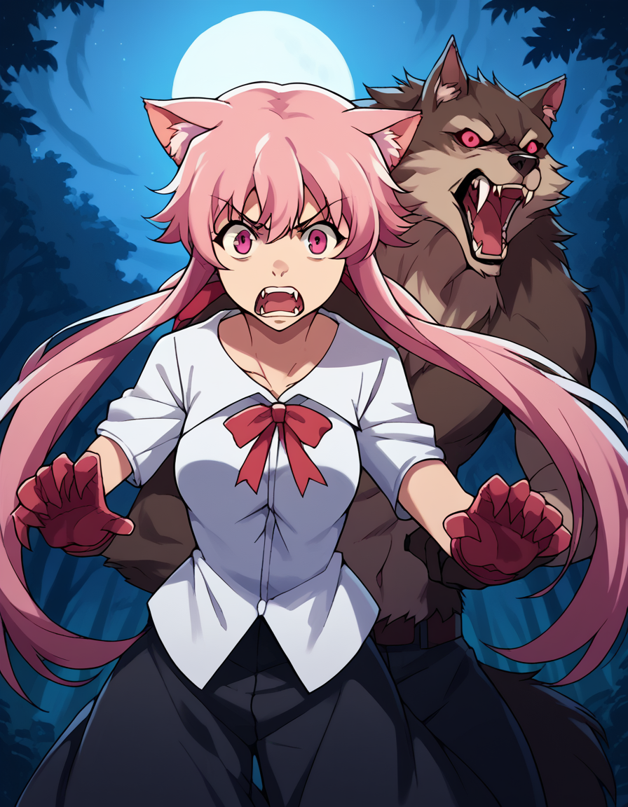 score_9, score_8_up, score_7_up, source_anime, <lora:yuno-gasai-s1-ponyxl-lora-nochekaiser:1>, yuno gasai, long hair, pink hair, pink eyes, sidelocks, ribbon, red ribbon, hair ribbon, twintails, medium breasts, <lora:werewolf-ponyxl-lora-nochekaiser:1>, werewolf, furry, fangs, animal ears, gloves, angry, teeth, animal ear fluff,, forest, night, moon, open mouth, , dutch angle, cowboy shot
