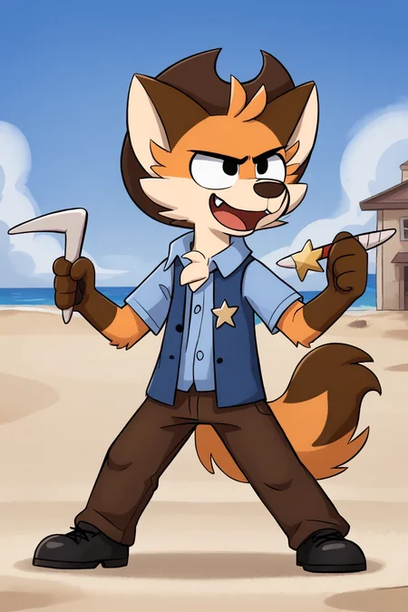 toddhayseed, furry male, fox boy, body fur, orange fur, two-tone fur, short hair, fox ears, black eyes, animal nose, chest tuft, fox tail, cowboy hat, light blue shirt, collared shirt, short sleeves, blue vest, open vest, sheriff badge, brown pants, black shoes, 1boy, solo, full body, tall, standing, legs together, smiling, grinning, fang, long legs, saloon, outdoors, sand, holding boomerang, Expressiveh