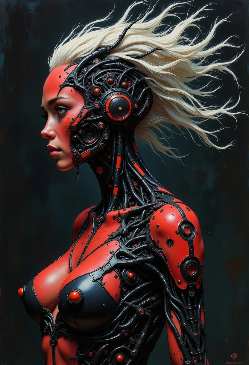oil art, very detailed analog photo, atmospheric lighting and epic,(((faded colors))), fine grain, by Satoshi Kon, White glowing hair, Portrait of a black cat, billowing hair, and billowing feathered cloak, The female's head is adorned with a living, biomechanical crown that curves symmetrically backward. This ornate headdress is composed of glossy black exoskeleton-like segments, each topped with a bright red sphere that creates a hypnotic pattern of black and red. Similar biomechanical structures extend down the creature's neck and chest, forming an intricate organic necklace. neon and black colored, mysterious, abstract and surreal, organic background,medium breasted, high tech bra, Half-Turn Rear View,