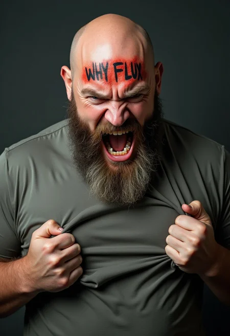 hyper realistic photo of a strong bald middle aged man with a long beard, he has a burned tattoo at the forehead with the text "WHY FLUX", the man is screaming with an angry face and tearing his t-shirt violently