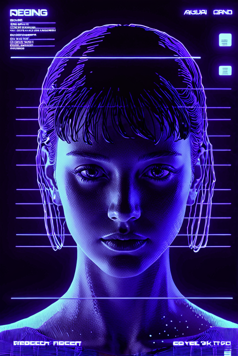 1girl, aqua wireframe of woman, vhs grain, navy lighting, purple reflections, CRT grain, white noise glitch, lineart, portrait, english text, UI display, HUD
[high quality photo, 4k, hd, 7-AnalogueInterfaces, 7-vectors]
<lora:add-detail-xl:0.5> <lora:CRT Vectors v1.0:0.8>