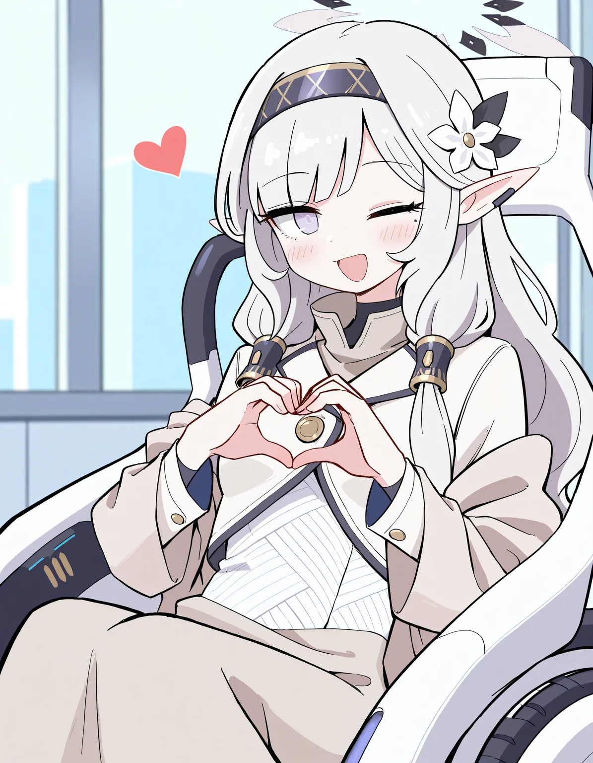 (masterpiece), (incredibly absurdres), best quality, <lora:KuraChi151-IL-V1_Aeromoia-000017:1>, kuchi, 1girl, himari \(blue archive\), halo, solo, small breasts, sitting, wheelchair, heart hands, one eye closed, open mouth, blush, looking at viewer, indoors, science fiction, depth of field