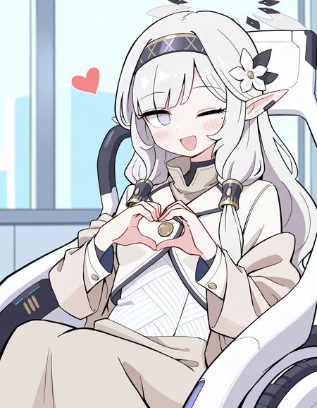 (masterpiece), (incredibly absurdres), best quality, <lora:KuraChi151-IL-V1_Aeromoia-000017:1>, kuchi, 1girl, himari \(blue archive\), halo, solo, small breasts, sitting, wheelchair, heart hands, one eye closed, open mouth, blush, looking at viewer, indoors, science fiction, depth of field