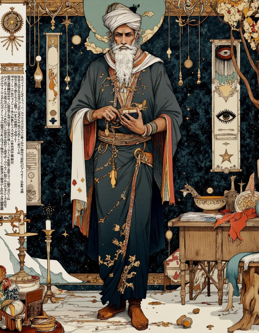Art by Akiya Kageichi.
An illustration shoot from a front camera angle about an elderly man with a long white beard and a traditional turban, dressed in a dark robe, standing in the middle of the image, holding a small, ornate object in his hands. the man appears to be an adult, with a serious expression on his face. he is wearing a large, white hat and a long, dark robe with intricate patterns. the background is a dark, textured wall adorned with various religious symbols and posters, including an all-seeing eye, a star, and a crescent moon. on the left side of the man, there is a large scroll with japanese text, and on the right side, there are various decorative items such as a candle, a book, and other items. the overall style of the illustration is reminiscent of ancient egyptian art, with bold outlines and vibrant colors.